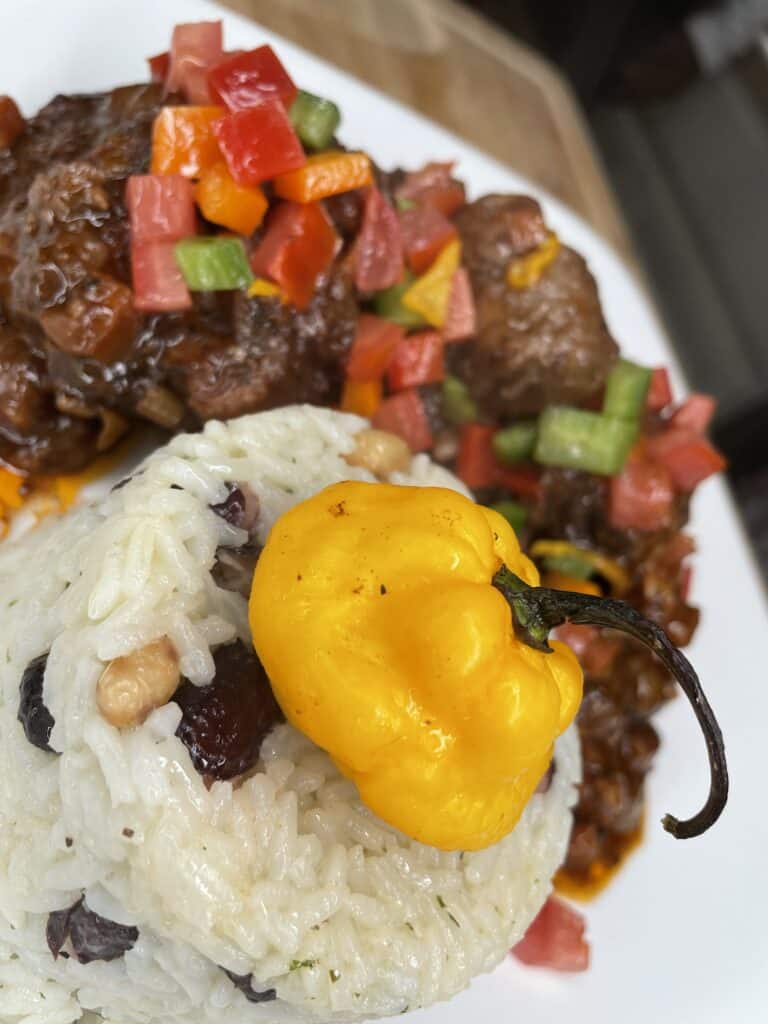 A close-up of a plate with white rice and beans topped with a whole yellow scotch bonnet pepper, served alongside stewed meat garnished with chopped red and green bell peppers.