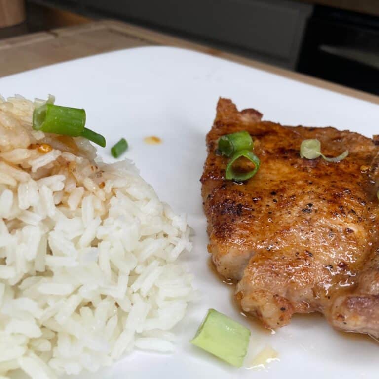 A plate with a serving of white rice garnished with chopped green onions next to a piece of seasoned, cooked chicken topped with green onion slices.