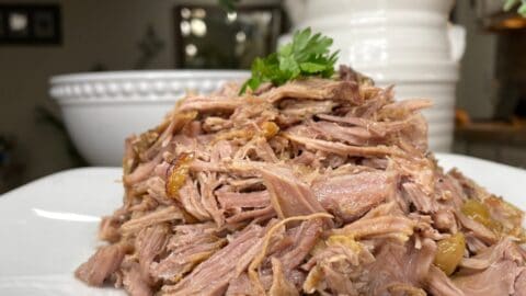 A close-up of a plate piled high with shredded cooked pork, garnished with fresh parsley, with a white bowl and a leafy potted plant in the blurred background.