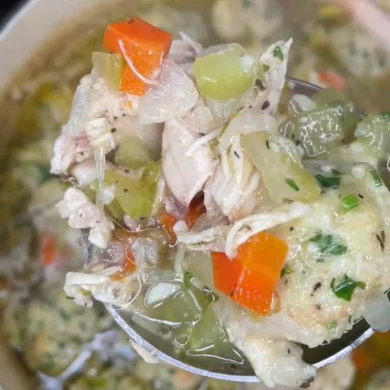 A close-up of a ladle holding chicken soup with shredded chicken, diced carrots, celery, onions, herbs, and dumplings over a pot of soup.