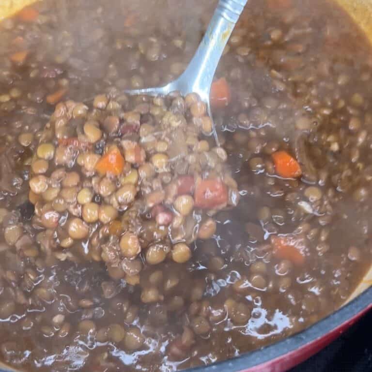 A close-up of a pot of lentil stew with visible lentils, carrots, and a ladle lifting a serving. Steam rises from the hearty, brown mixture.