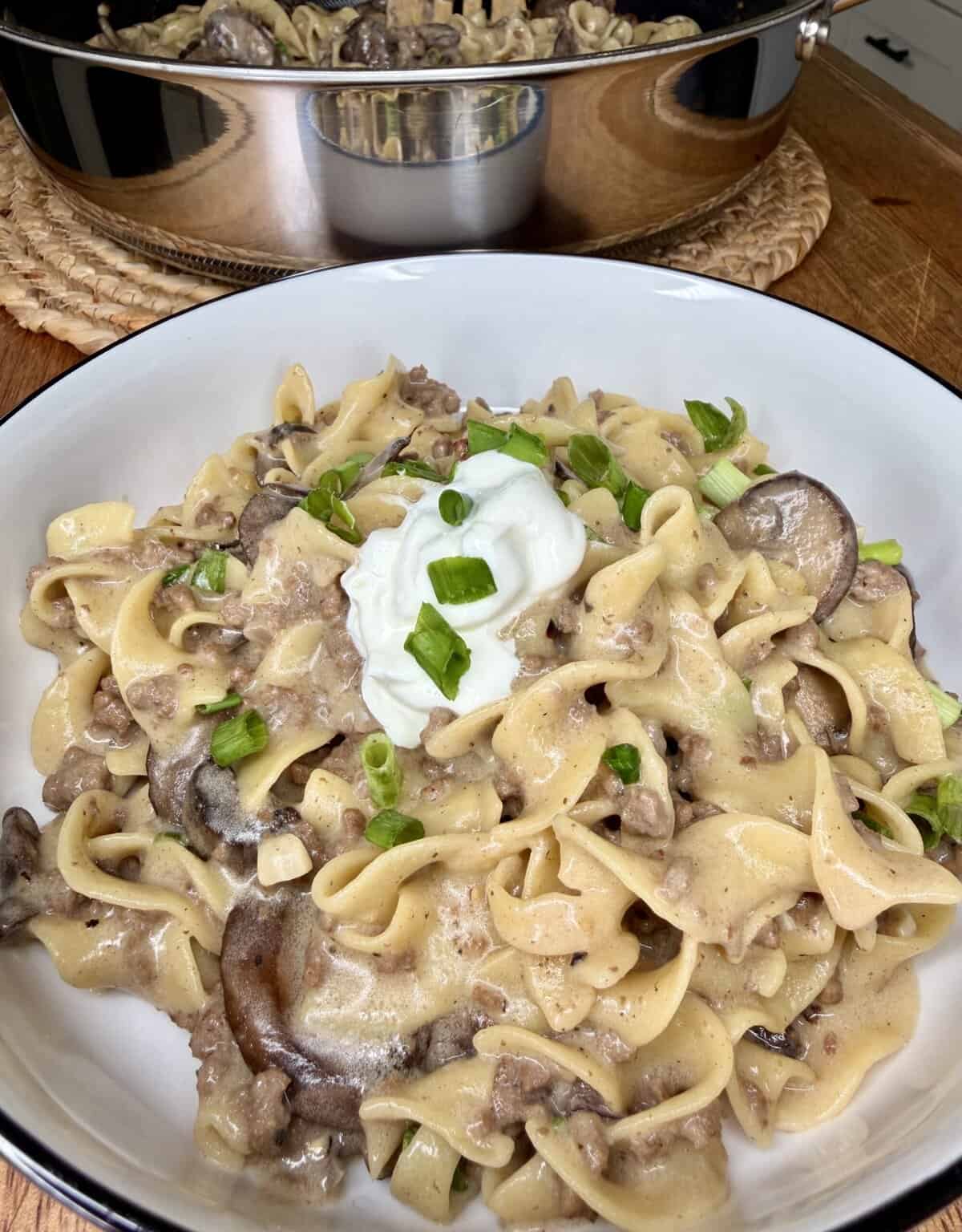 A bowl of creamy beef stroganoff with egg noodles, mushrooms, and ground beef, topped with a dollop of sour cream and chopped green onions. A pan of the dish sits in the background on a woven trivet.