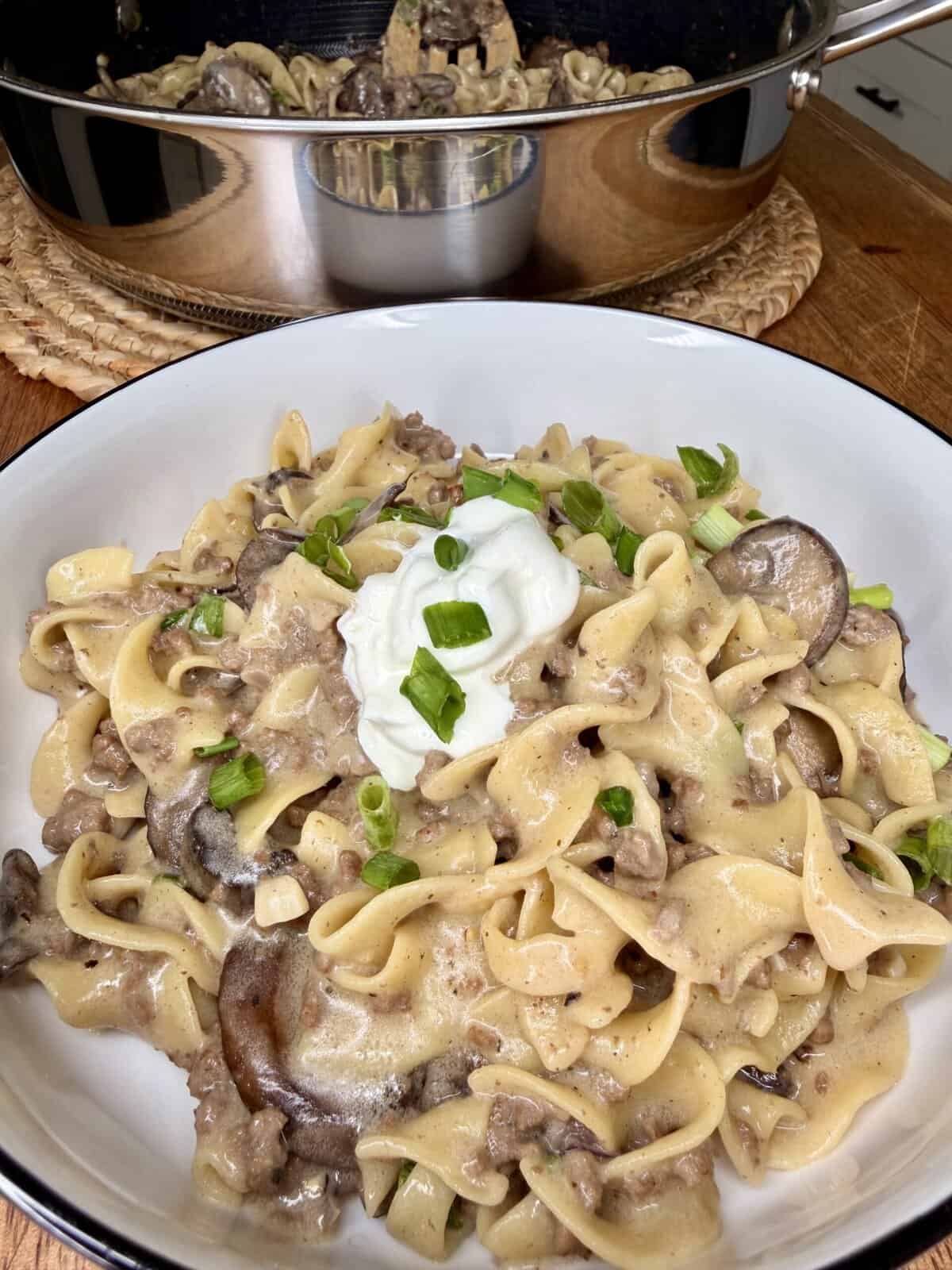 A bowl of creamy beef stroganoff with egg noodles, mushrooms, and green onions, topped with a dollop of sour cream. A pan with more stroganoff is visible in the background.