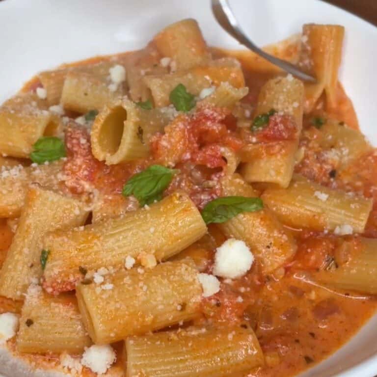 A bowl of rigatoni pasta in a creamy tomato sauce, garnished with grated cheese and fresh basil leaves, with a fork resting on the side.