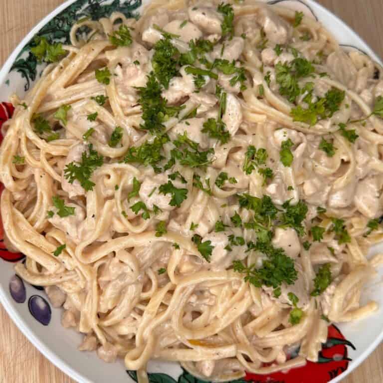 A plate of creamy fettuccine pasta with pieces of chicken, topped with chopped fresh parsley, served on a colorful dish.