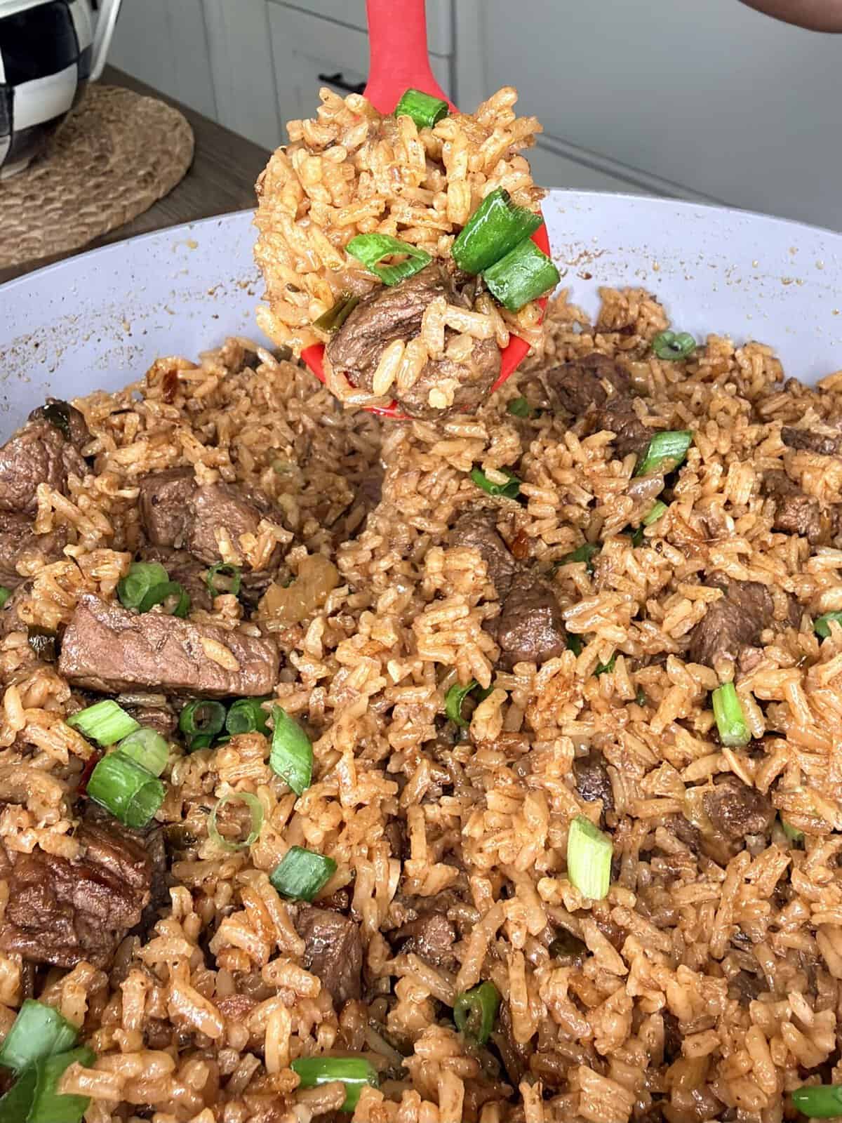 A close-up of the Best One Pot Steak and Rice shows seasoned rice, beef chunks, and chopped green onions. A red spoon lifts a hearty portion of the rice and beef mixture from the pan.