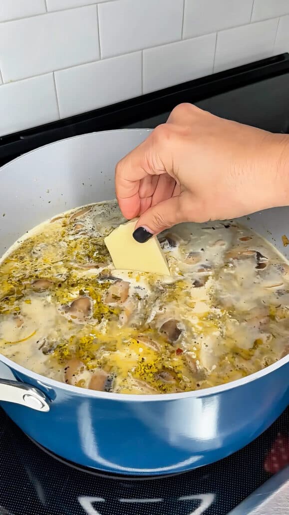 A hand with black nail polish adds a slice of cheese to a creamy soup with herbs and mushrooms simmering in a blue pot on a stove.