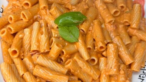 A plate of Rigatoni Alla Vodka coated in creamy tomato sauce, garnished with two fresh basil leaves in the center.
