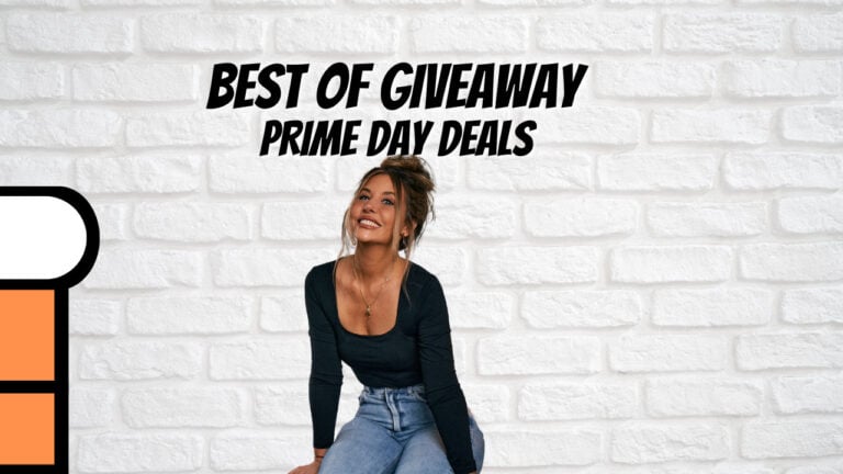 Woman in a black top and jeans sits smiling against a white brick wall. Above her, bold text reads “BEST of PRIME DAY 2024 Deals.” An orange and white graphic is partially visible on the left side.