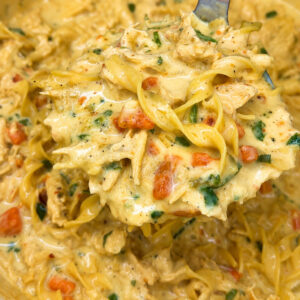 A close-up of a Creamy Chicken Noodle Soup 🍲 inspired pasta dish with visible pieces of chicken, pasta, chopped vegetables, and herbs, being scooped up with a large metal spoon.