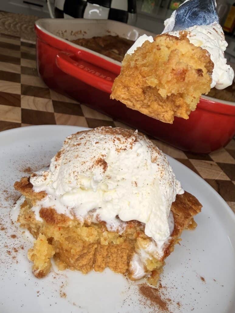 A slice of Pumpkin Pie Cake, topped with whipped cream and cinnamon, sits on a plate; a larger dish of the dessert is in the background.