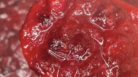 A close-up of a spoonful of thick, chunky cranberry sauce being lifted from a pot filled with more homemade Cranberry Sauce, showing off its vibrant red color and rich texture.