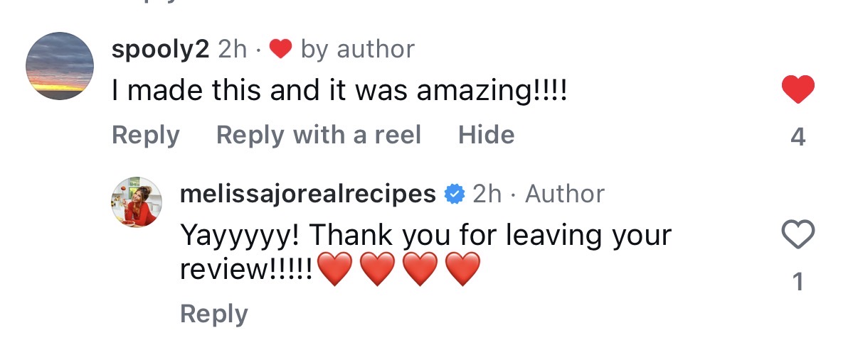 A social media comment says, I made the Cheez-It Chicken and it was amazing!!!! with a heart emoji. The author replies, Yayyyyy! Thank you for leaving your review!!!!! followed by three red heart emojis.