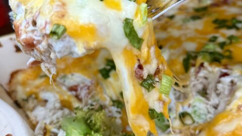 A fork lifts a cheesy Lazy Dayzy Casserole with melted cheese, green onions, and broccoli from a baking dish.