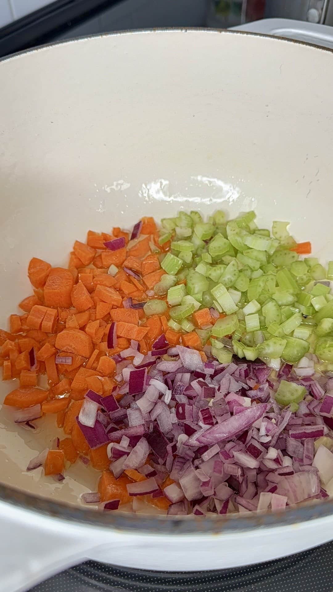 A white pot containing chopped carrots, celery, and red onions, arranged in separate sections, ready to be cooked.
