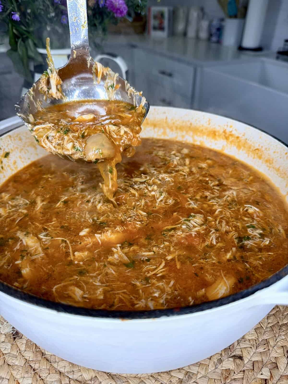 A ladle lifts a serving of shredded meat stew with herbs and a rich, reddish broth from a white pot in a bright kitchen setting.
