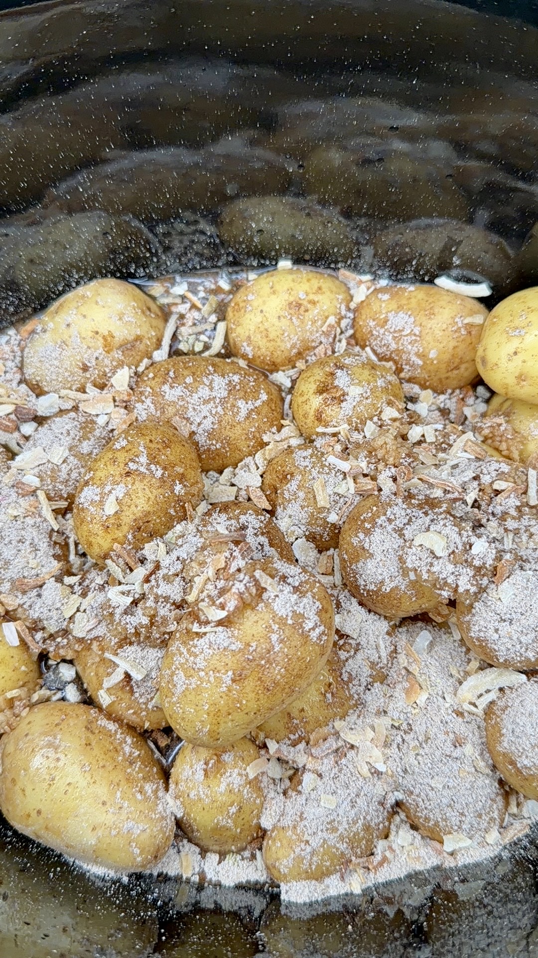 Several whole, unpeeled potatoes in a pot are sprinkled with dry seasoning and dehydrated onion flakes, ready for cooking.