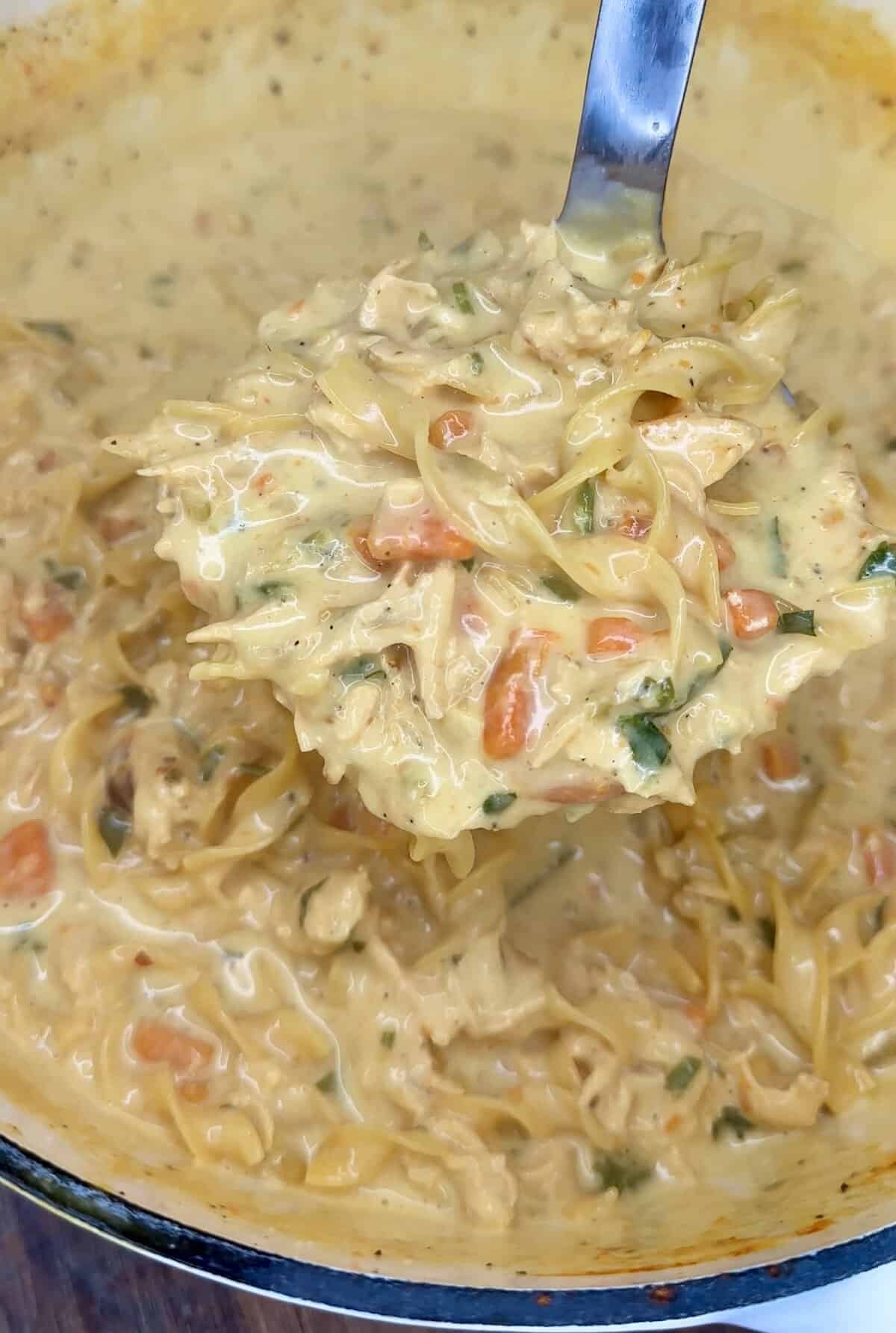 A close-up of a creamy chicken noodle soup with carrots, herbs, and noodles being scooped from a pot with a ladle. The soup appears thick and rich in texture.