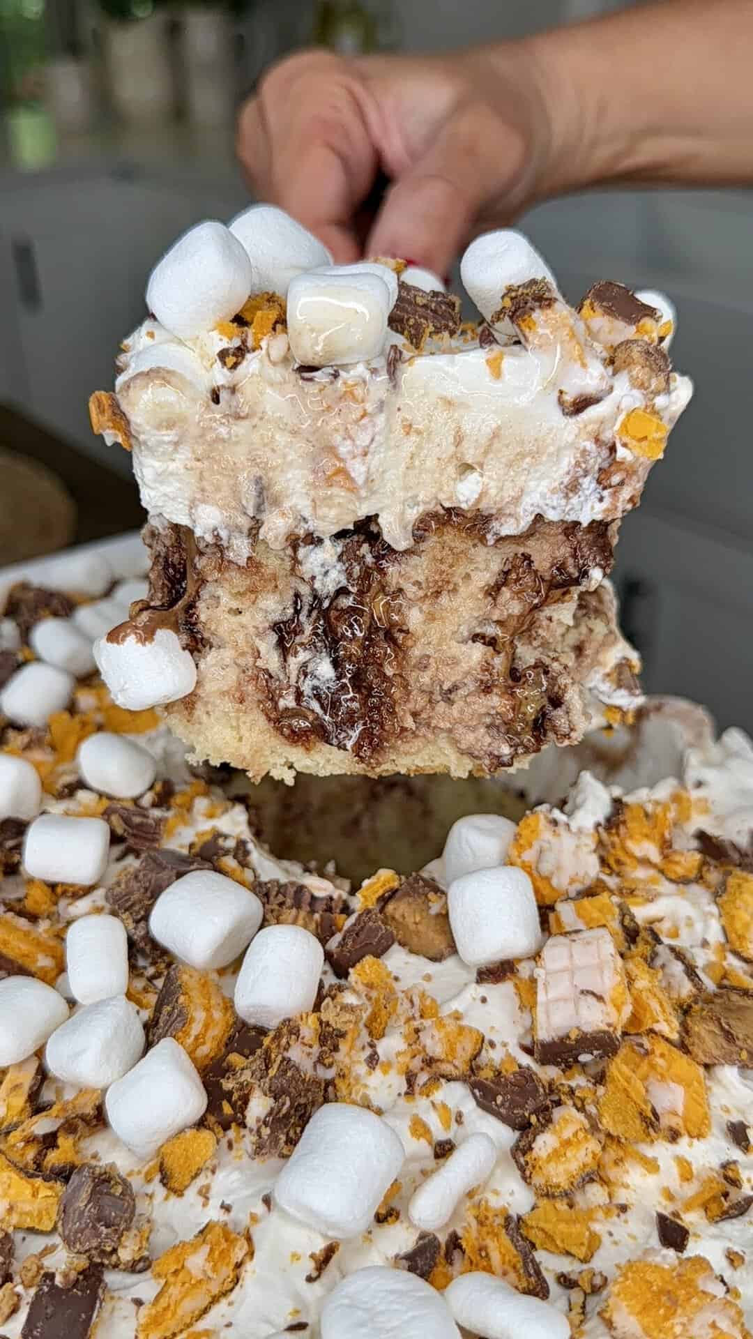 A hand lifts a slice of cake topped with whipped cream, mini marshmallows, and crumbled chocolate candy. The cake has visible chocolate swirls and a moist texture.