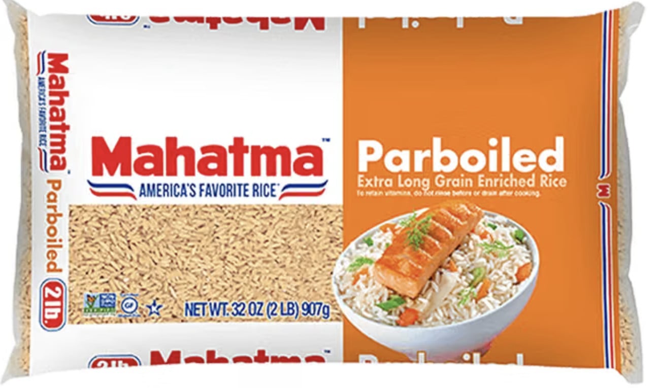 Bag of Mahatma Parboiled Extra Long Grain Enriched Rice, 32 oz, with an image of salmon over rice and vegetables on the packaging.