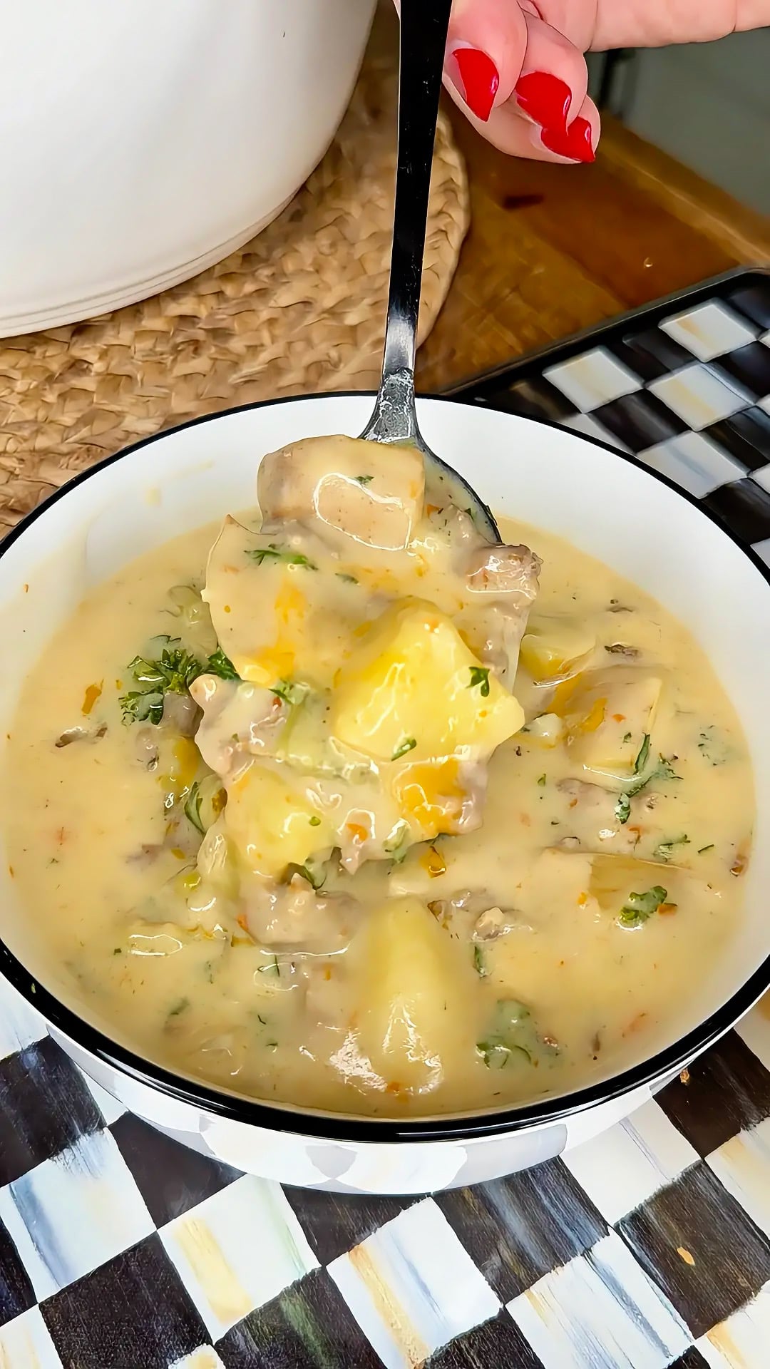 A hand holding a spoonful of creamy soup with potatoes, vegetables, and herbs over a bowl, all set on a checkered placemat.