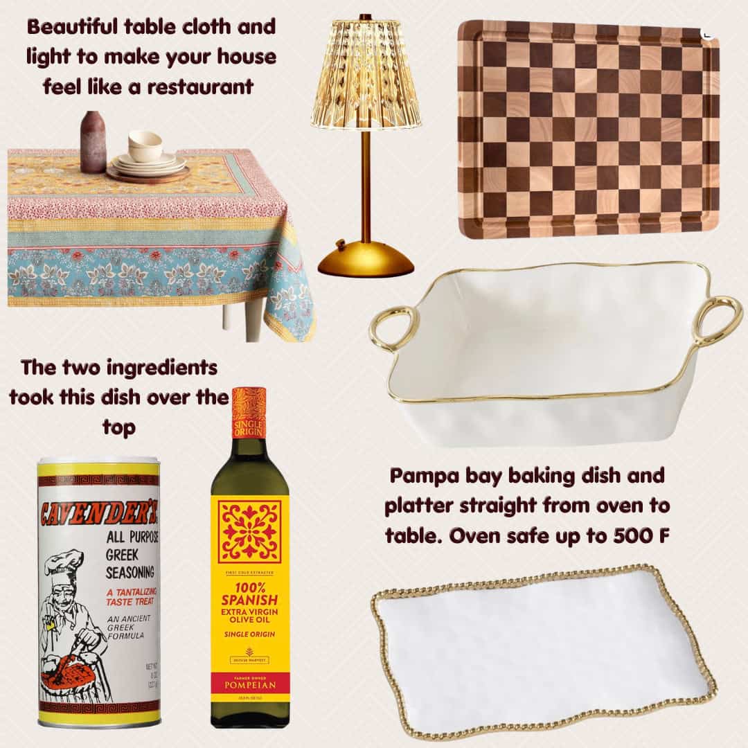 A table with a patterned cloth, lamp, checkered cutting board, Greek seasoning, olive oil bottle, white baking dish with gold trim, and matching serving platter sets the scene. Restaurant-style dining items and ingredients are displayed—perfect for preparing Melissa Jo’s Famous Sunday Chicken.