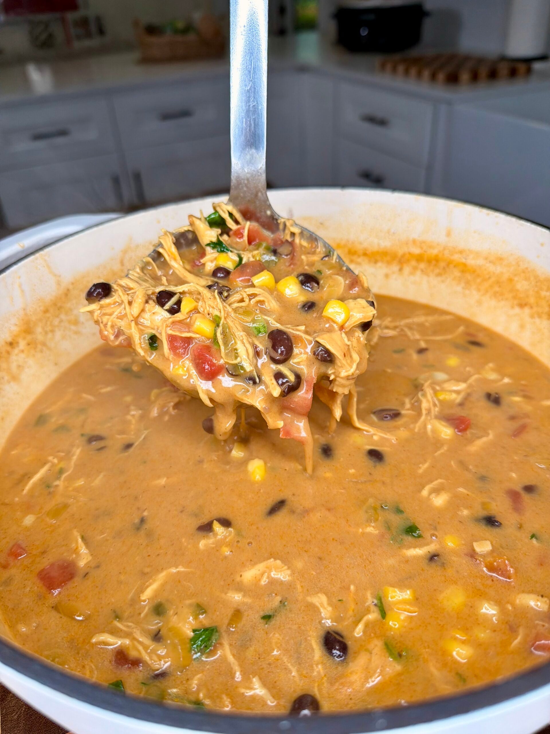 A metal ladle holding a scoop of chicken tortilla soup filled with shredded chicken, black beans, corn, and diced tomatoes over a pot of the same soup.
