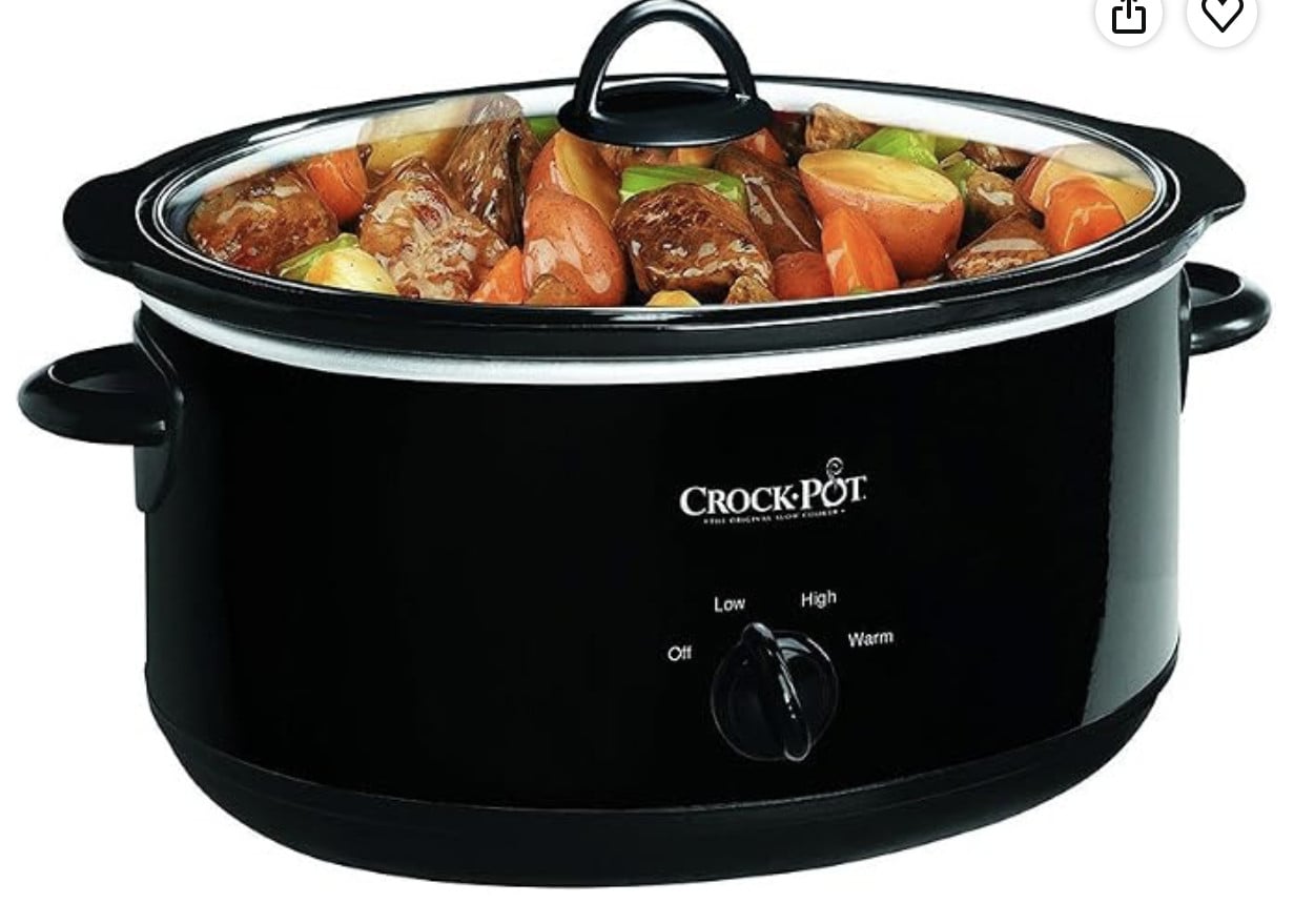 A black Crock-Pot slow cooker filled with beef and vegetable stew, featuring a glass lid and a dial with Off, Low, High, and Warm settings.