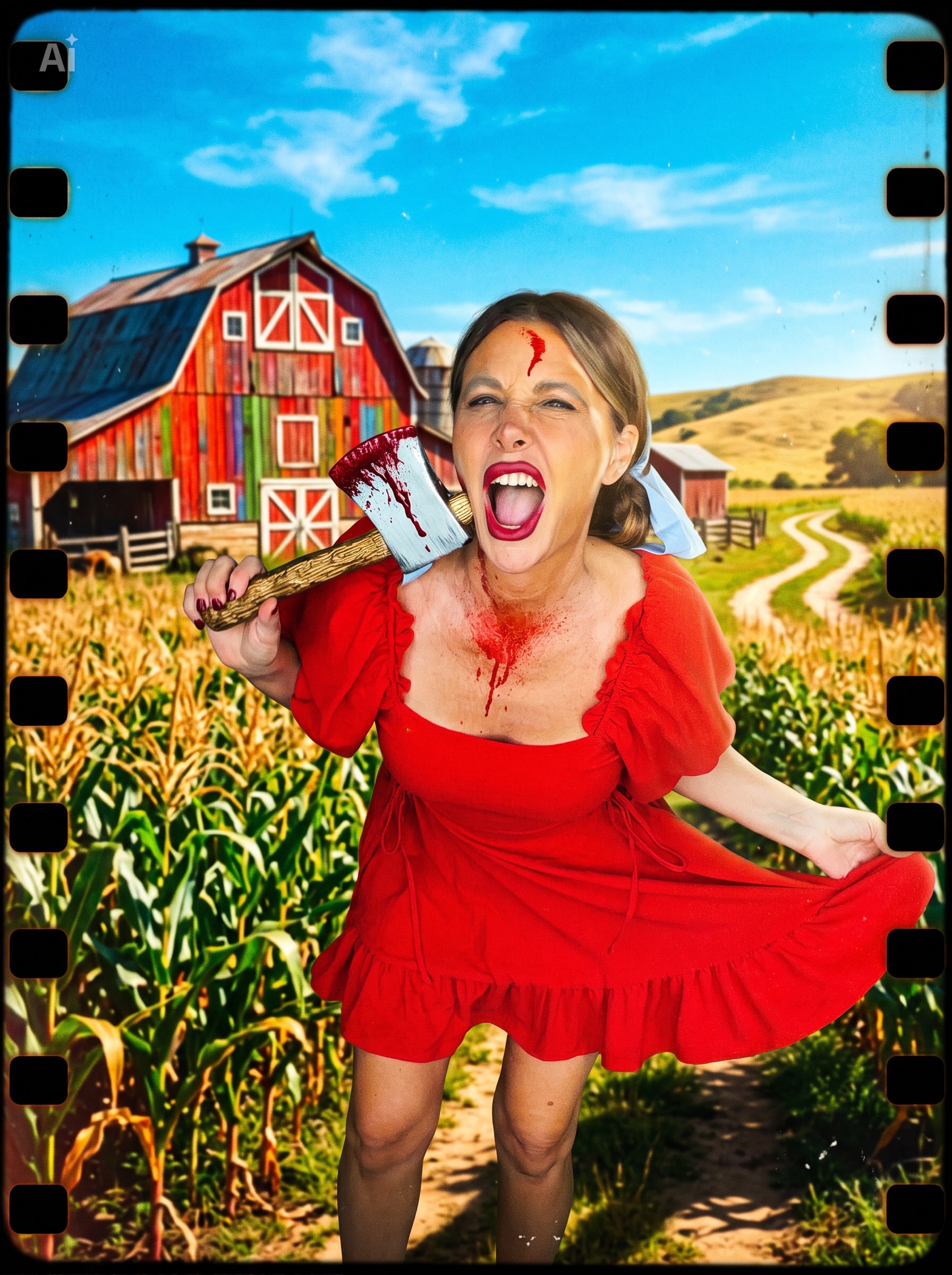A woman in a red dress screams in a cornfield, holding a bloody axe to her neck.