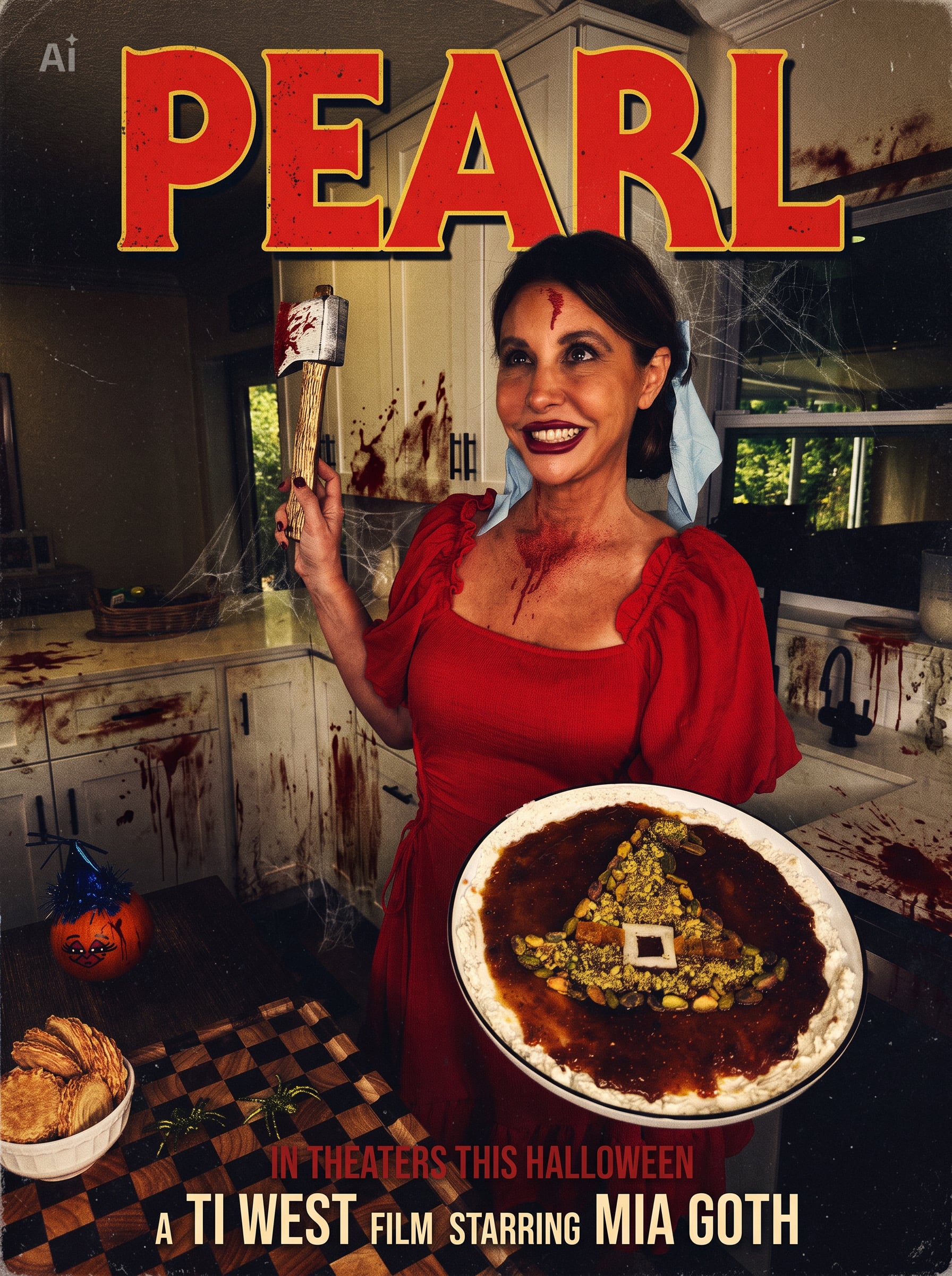 A woman in a red dress holding a bloody axe and a plate of food, presented as a poster for the film Pearl.