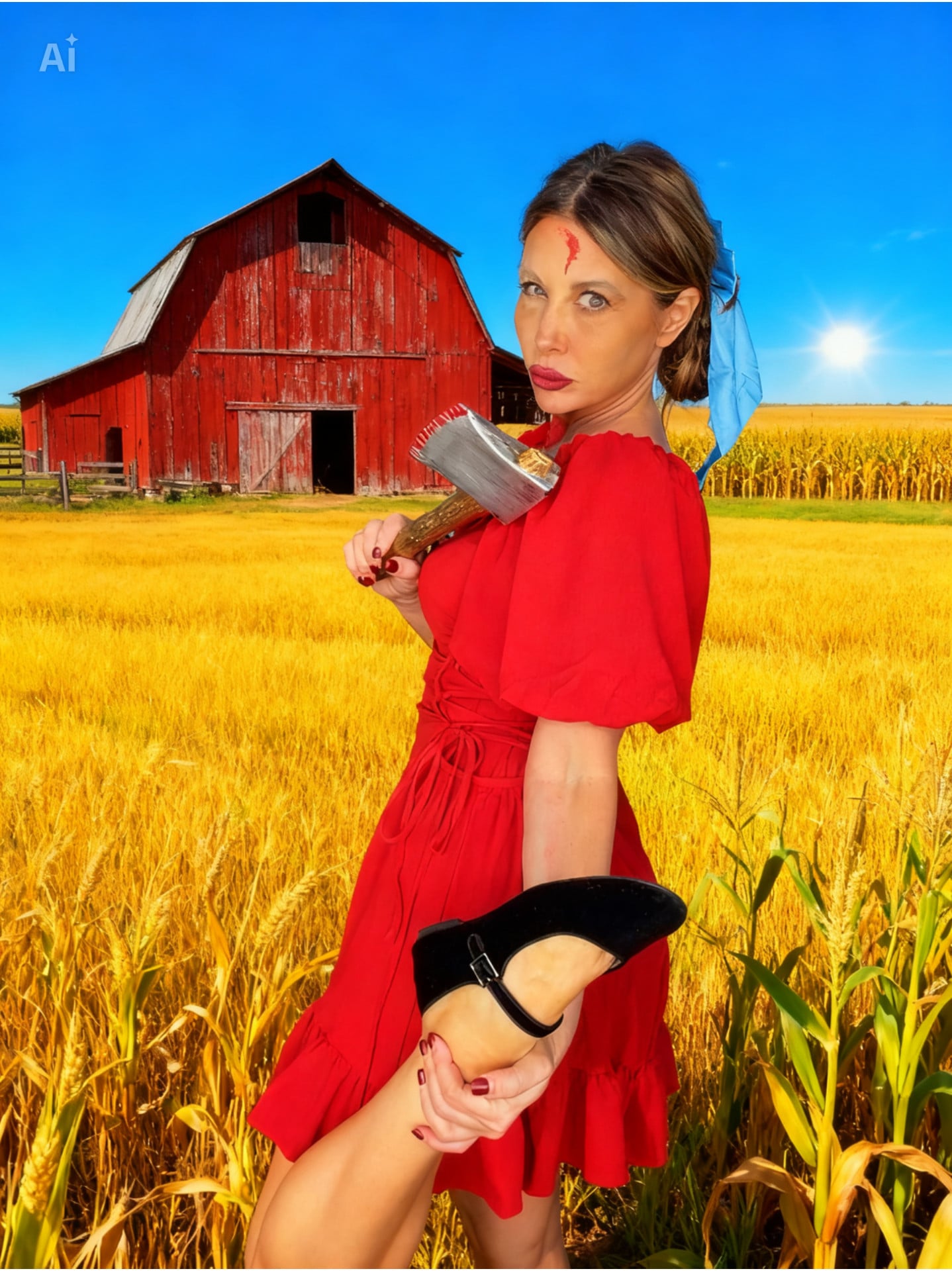 A woman in a red dress stands in a wheat field in front of a red barn, holding an axe over her shoulder and holding a black shoe in her hand.